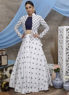 White thread embroidery cotton semi stitched lehenga 1