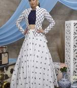 White thread embroidery cotton semi stitched lehenga