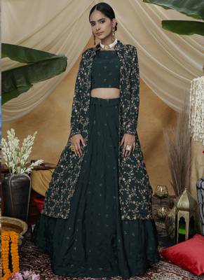 Teal thread embroidery cotton semi stitched lehenga 1
