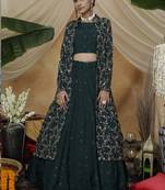 Teal thread embroidery cotton semi stitched lehenga