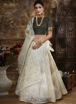 Off-white thread embroidery satin semi stitched lehenga 1