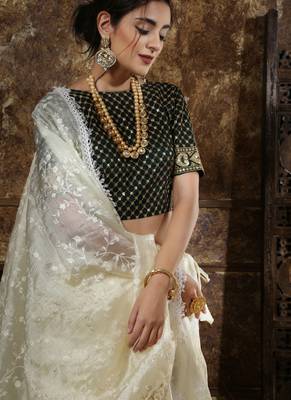 Off-white thread embroidery satin semi stitched lehenga 4