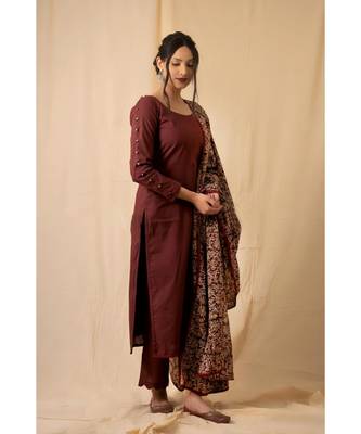 cotton maroon Rosewood KURTI PANT WIRTH DUPATTA 2