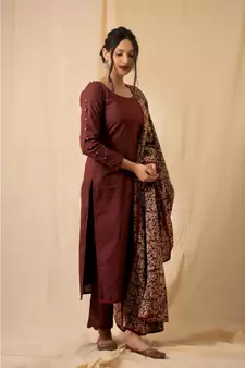 cotton maroon Rosewood KURTI PANT WIRTH DUPATTA