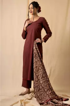 cotton maroon Rosewood KURTI PANT WIRTH DUPATTA