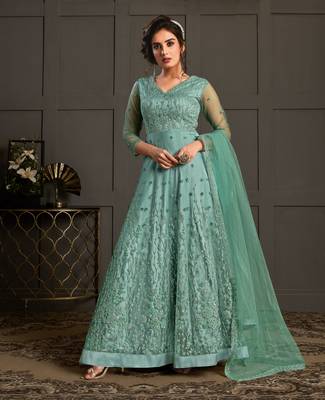 Sky-blue resham embroidery net salwar 1