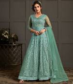 Sky-blue resham embroidery net salwar