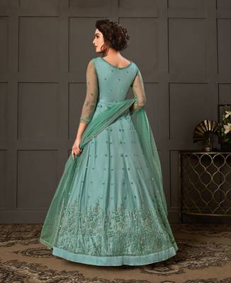 Sky-blue resham embroidery net salwar 2