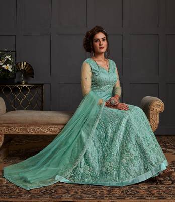Sky-blue resham embroidery net salwar 3