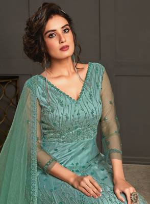 Sky-blue resham embroidery net salwar 4