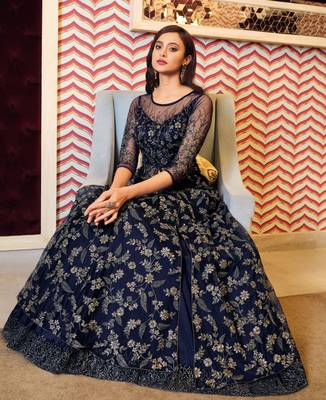Navy-blue embroidered net salwar 4