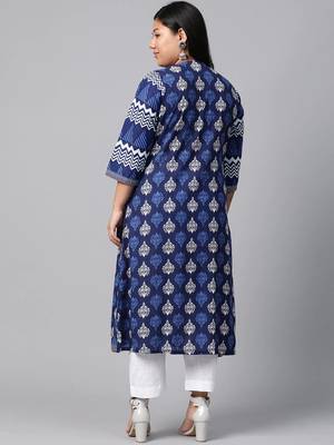 Blue printed cotton long-kurtis 3