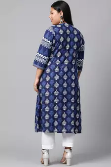 Blue printed cotton long-kurtis
