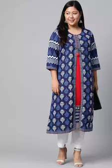 Blue printed cotton long-kurtis