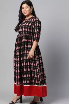 Black printed cotton long-kurtis