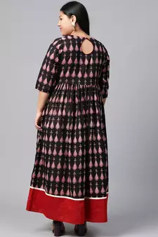 Black printed cotton long-kurtis