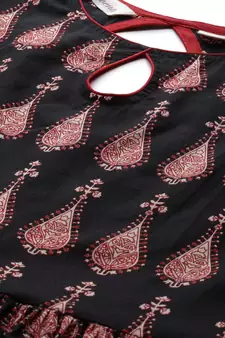 Black printed cotton long-kurtis