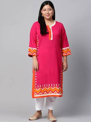 Pink embroidered cotton long-kurtis 1