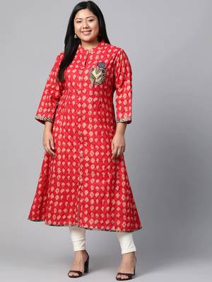 Red printed cotton long-kurtis 1