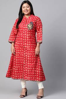 Red printed cotton long-kurtis