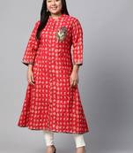 Red printed cotton long-kurtis