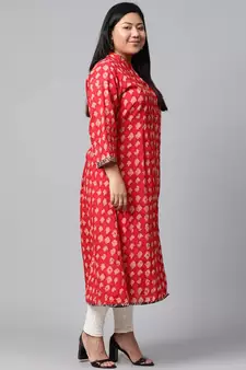 Red printed cotton long-kurtis