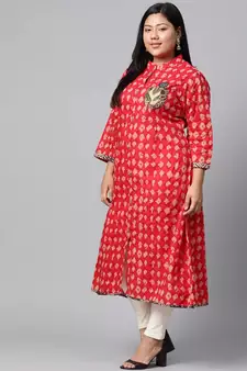 Red printed cotton long-kurtis
