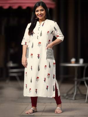 White printed cotton long-kurtis 1