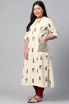 White printed cotton long-kurtis