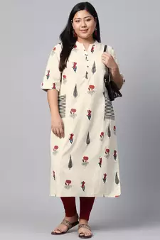 White printed cotton long-kurtis