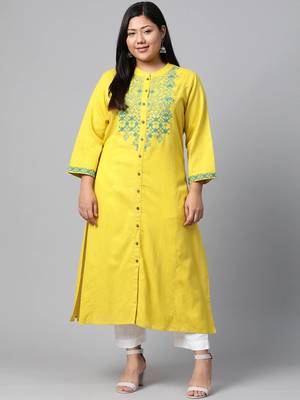 Yellow embroidered cotton long-kurtis 1