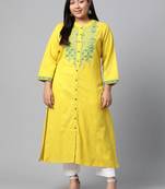 Yellow embroidered cotton long-kurtis