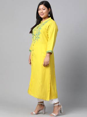 Yellow embroidered cotton long-kurtis 2