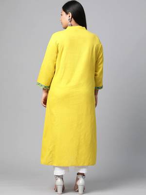 Yellow embroidered cotton long-kurtis 3