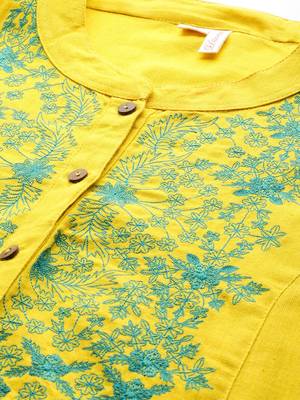 Yellow embroidered cotton long-kurtis 4