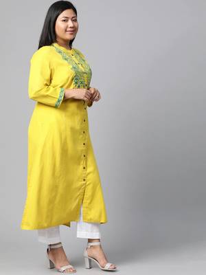 Yellow embroidered cotton long-kurtis 5