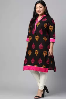 Black printed cotton long-kurtis