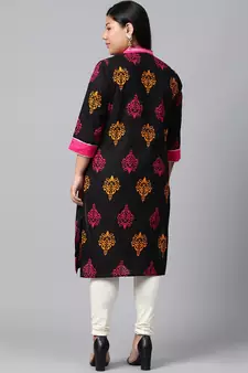 Black printed cotton long-kurtis