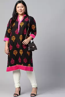 Black printed cotton long-kurtis