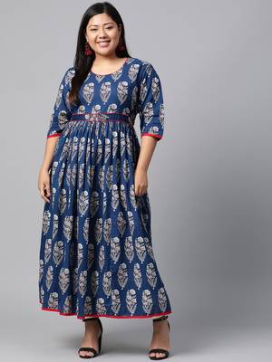 Blue embroidered cotton long plus size kurti 1