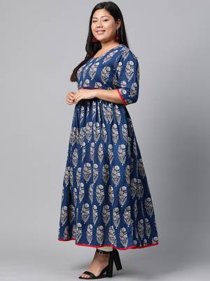 Blue embroidered cotton long plus size kurti 2