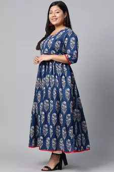 Blue embroidered cotton long plus size kurti