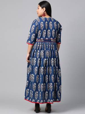 Blue embroidered cotton long plus size kurti 3
