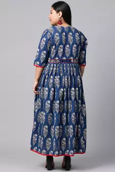 Blue embroidered cotton long plus size kurti