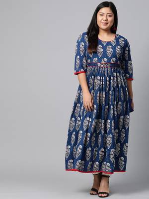 Blue embroidered cotton long plus size kurti 5