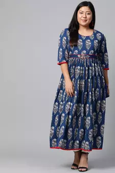 Blue embroidered cotton long plus size kurti