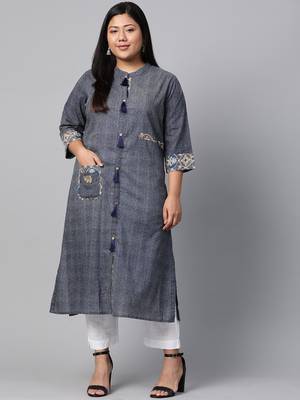Blue printed cotton long-kurtis 1