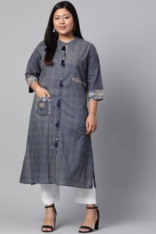 Blue printed cotton long-kurtis