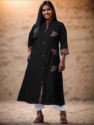 Black embroidered cotton long-kurtis 1
