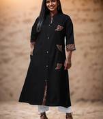 Black embroidered cotton long-kurtis
